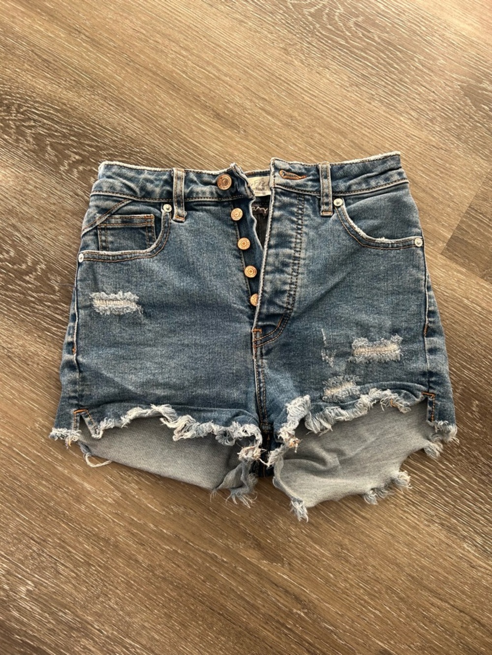 Free People Distressed High-Rise Denim Shorts - Blue